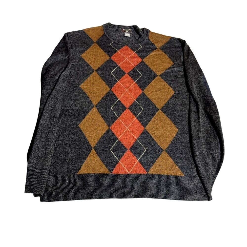 Dockers Men XL 100% acrylic Argyle Knit Pullover Sweater Gray black preppy